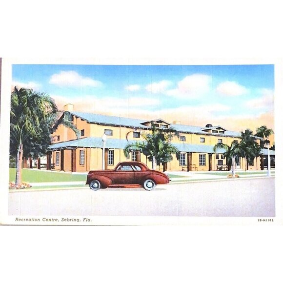 Sebring FL Recreation Center Vintage Postcard Linen 50s Car Curt Teich‎ - Picture 2 of 4